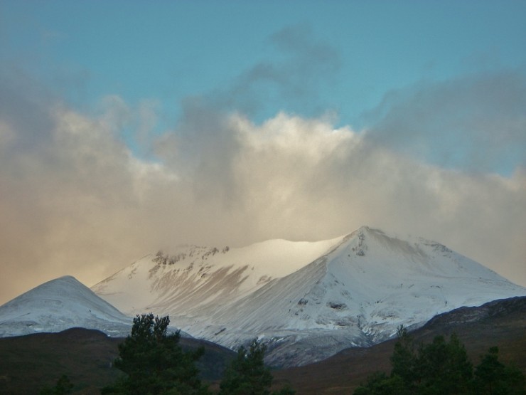 The east end of Beinn Eighe from Kinlochewe. Fresh snow  topped up from Yesterday.