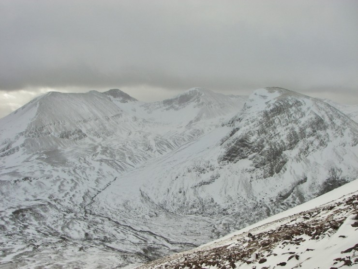 East end of Beinn Eighe. Exposed ridges and summits are generally clear.