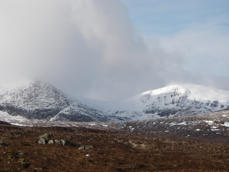Much old snow exists on North East aspects of Meall a' Chrasgaidh, Fannichs.