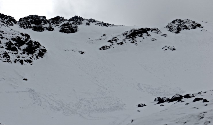 Coire an Laoigh. Recent avalanche debris half a metre deep. Easterly aspect.