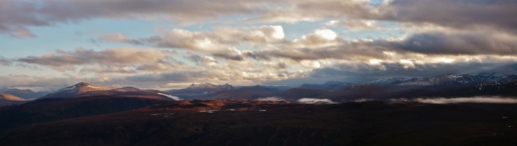 Panorama to the east from Beinn Eighe, Moruisg and Monar Hills on right.