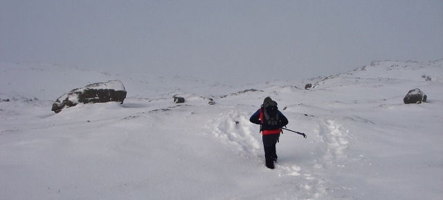 Good snow cover above 600m, but into the cloud on Meall Guithais