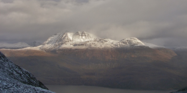 Slioch. Defined snow line at 500m. Less snow on the  Southerly aspects.