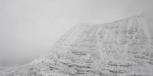 Sail Mhor, Beinn Eighe, South aspect. Although a South wind, spindrift was blowing across the face - local eddies!