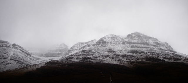 Toll a' Meitheach, south side Liathach. Spindrift and cross loading.