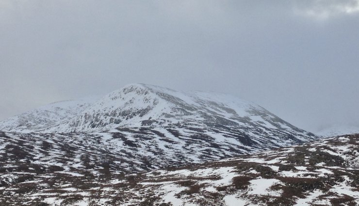 Snow cover on the NE face of the North top of Beinn Liath Mhor Fannaich (820m)