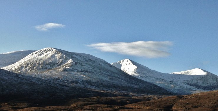 The main Fannaich mountains (L - R: Beinn Liath Mhor Fannaich, Sgurr Mor and Carn na Criche) in the NE of the Torridon forecast area. Most snow remains on NE to SE aspects, old snow, despite the more recent Easterly winds. Otherwise, it is a generally shallow snow cover lying on bare ground.