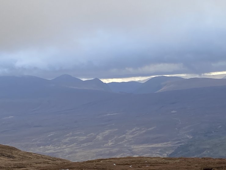 Looking over to the Gleann Meinich hills, Strathconan. The hills on the left are around Corbett height. No sign of snow.