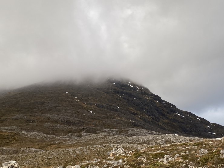 Meall a Ghiuthais, at just under 900m high. The slope on the right, having a South East aspect, will have caught a lot of last weeks snow. Now very little remains.