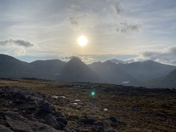 Sail Mhor in the centre with Liathach in the background on the right. No snow in its Northern corries.