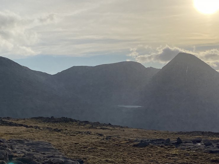 Looking into Coire Mhic Fhearchair, and Triple buttress in the background. Sorry for the poor quality, my camera doesn't cope well taking pictures into the sun. No snow anywhere.