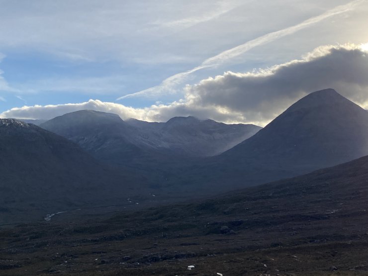 Looking up to Spidean Coire nan Clach, with Ruadh-stac Mor on the right and Ruadh-stac Beag on the left.