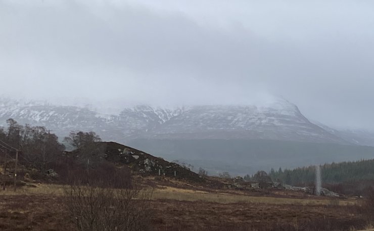 An Cabar, the South end of Ben Wyvis around lunchtime today. Snow starting to gain some coverage above around 700 metres.