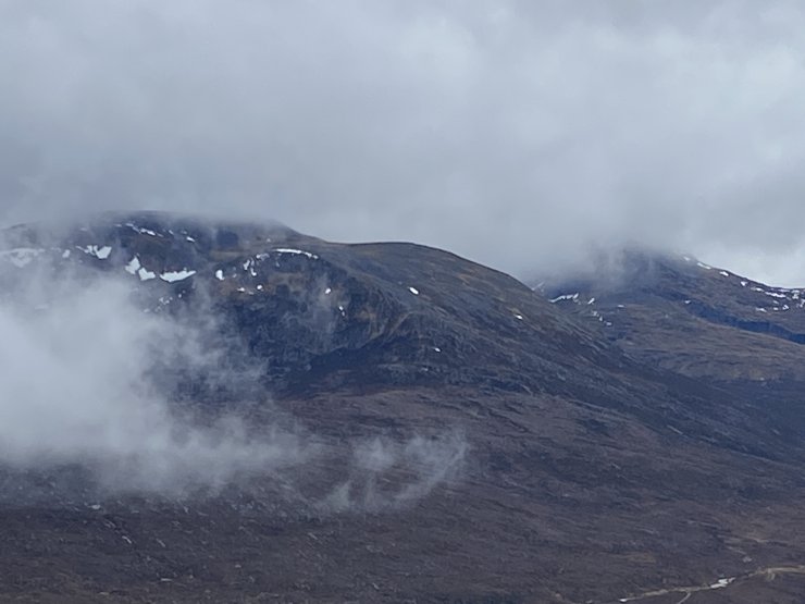 Beinn Liath Mhor Fannaich on the left, with Sgurr Mor hiding in the mist on the right.